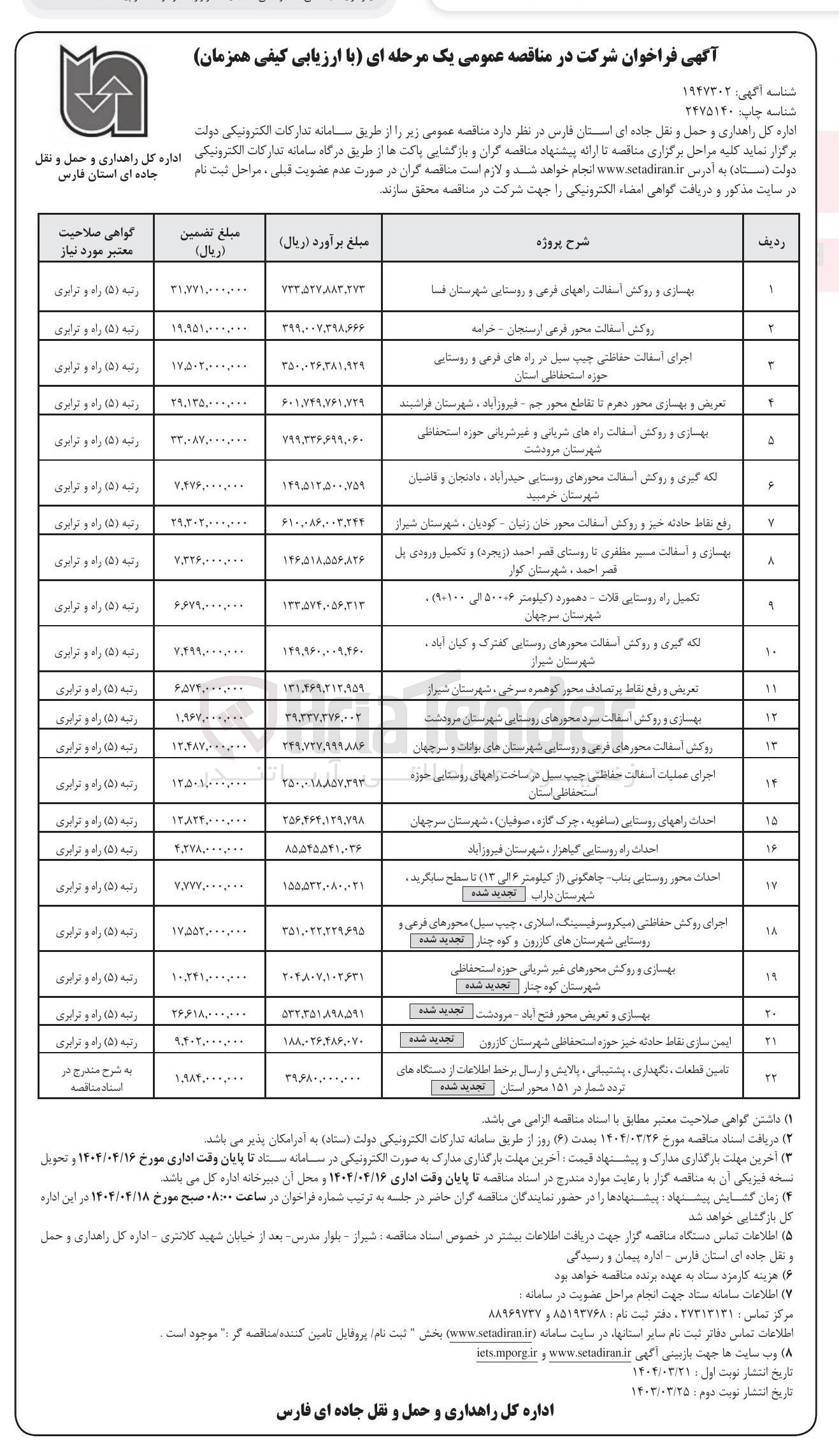 تصویر کوچک آگهی تامین قطعات نگهداری پشتیبانی پالایش و ارسال بر خط اطلاعات از دستگاه های تردد شمار در ۱۵۱ محور استان
