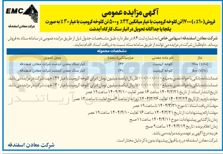 تصویر کوچک آگهی کلوخه کرومیت 
