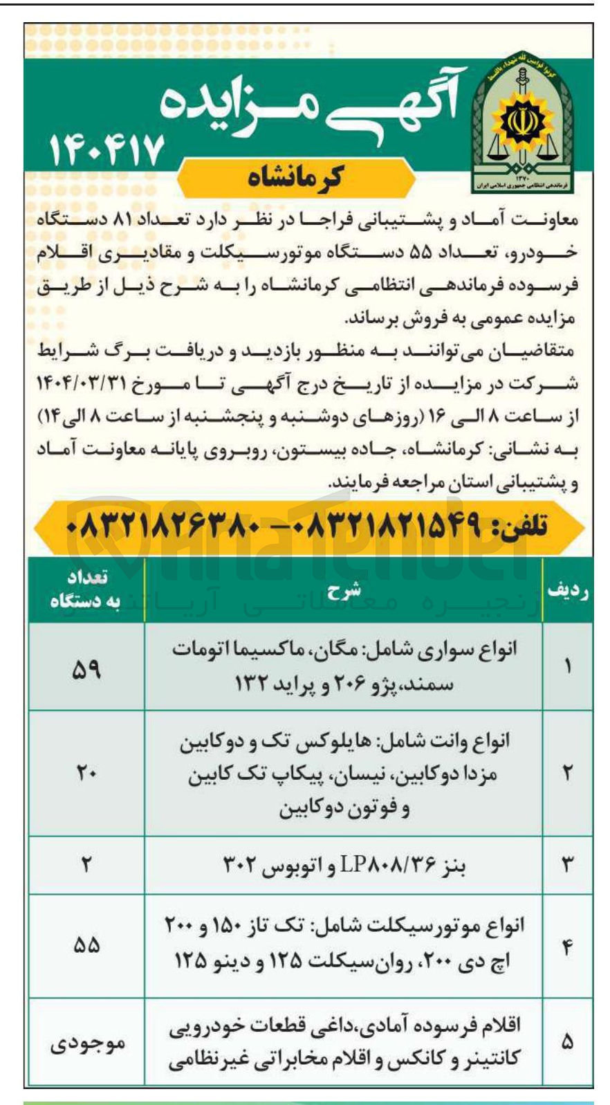 تصویر کوچک آگهی فروش تعداد ۸۱ دستگاه خودرو تعداد ۵۵ دستگاه موتورسیکلت و مقادیری اقلام فرسوده