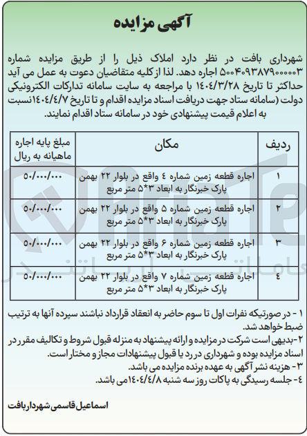تصویر کوچک آگهی اجاره قطعه زمین شماره ٤ واقع در بلوار ۲۲ بهمن پارک خبرنگار به ابعاد ۵۳ متر مربع 
