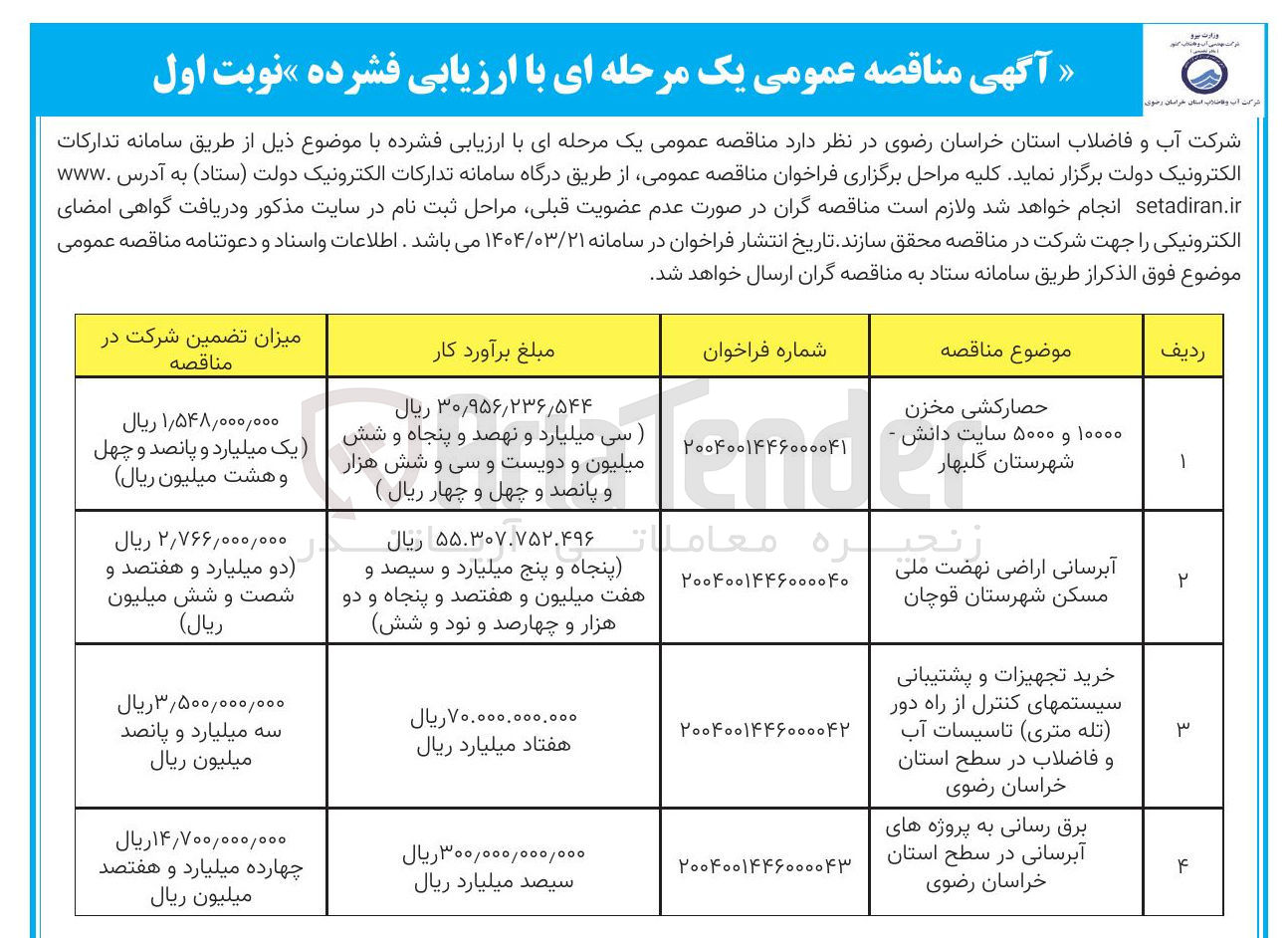 تصویر کوچک آگهی حصارکشی مخزن ۱۰۰۰۰ و ۵۰۰۰ سایت دانش