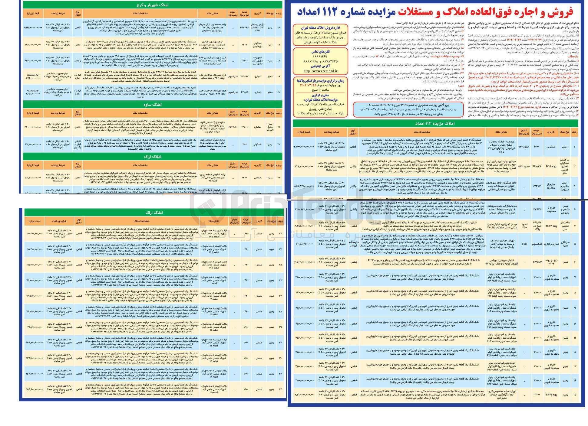 تصویر کوچک آگهی فروش تعدادی از املاک مسکونی تجاری اداری و اراضی در 33 ردیف با کاربری مسکونی - صنعتی - تجاری - باغ 