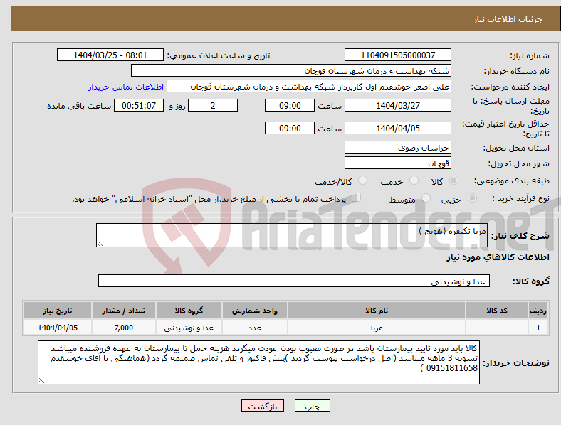 تصویر کوچک آگهی نیاز انتخاب تامین کننده-مربا تکنفره (هویج )