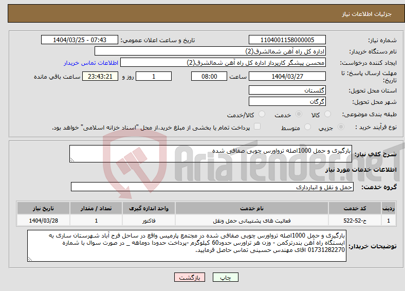 تصویر کوچک آگهی نیاز انتخاب تامین کننده-بارگیری و حمل 1000اصله ترواورس چوبی صفافی شده