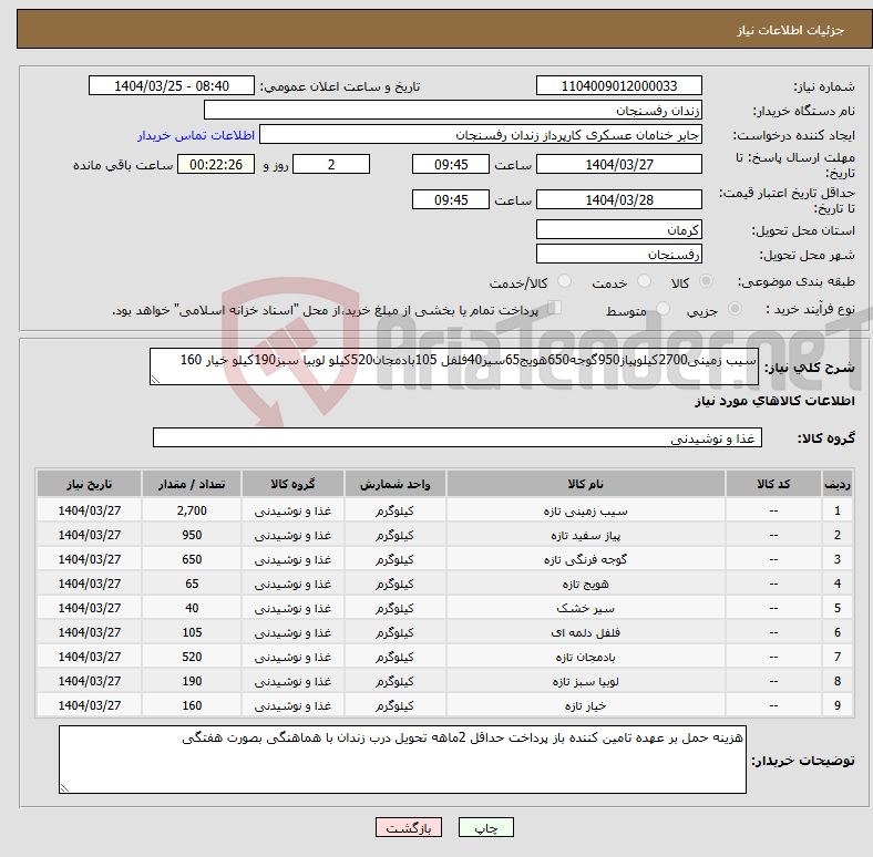 تصویر کوچک آگهی نیاز انتخاب تامین کننده-سیب زمینی2700کیلوپیاز950گوجه650هویج65سیر40فلفل 105بادمجان520کیلو لوبیا سبز190کیلو خیار 160