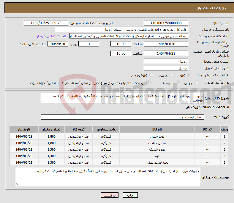 تصویر کوچک آگهی نیاز انتخاب تامین کننده-حبوبات مورد نیاز اداره کل زندان های استان اردبیل طبق لیست پیوستی لطفاً دقیق مطالعه و اعلام قیمت فرمایید