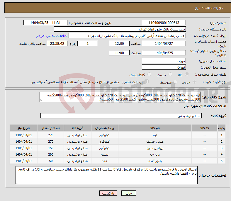 تصویر کوچک آگهی نیاز انتخاب تامین کننده-لپه درجه یک 270کیلو بسته های 900گرمی/عدس درجه یک 270کیلو بسته های 900گرمی /سویا500گرمی 300بسته/جوپرک 200گرمی 200بسته/بلغور گندم 500گرمی 50بسته/