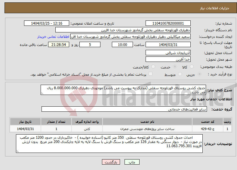 تصویر کوچک آگهی نیاز انتخاب تامین کننده-جدول کشی روستای قورتلوجه سفلی (مدارک به پیوست می باشد) موجودی دهیاری 8،000،000،000 ریال می باشد.
