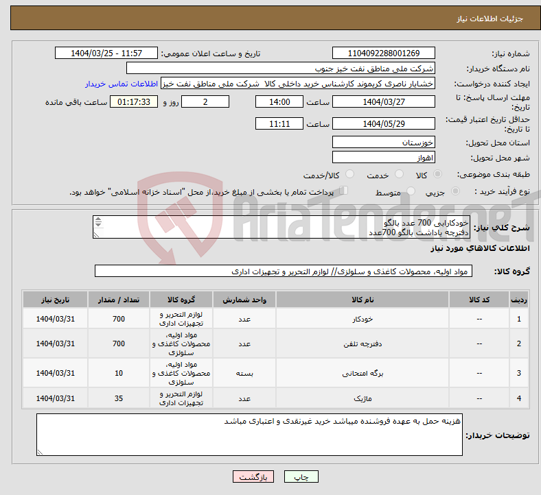 تصویر کوچک آگهی نیاز انتخاب تامین کننده-خودکارابی 700 عدد بالگو دفترچه یاداشت بالگو 700عدد برگ ارم دار 10پاکت ماژیک واتبرد 35عدد