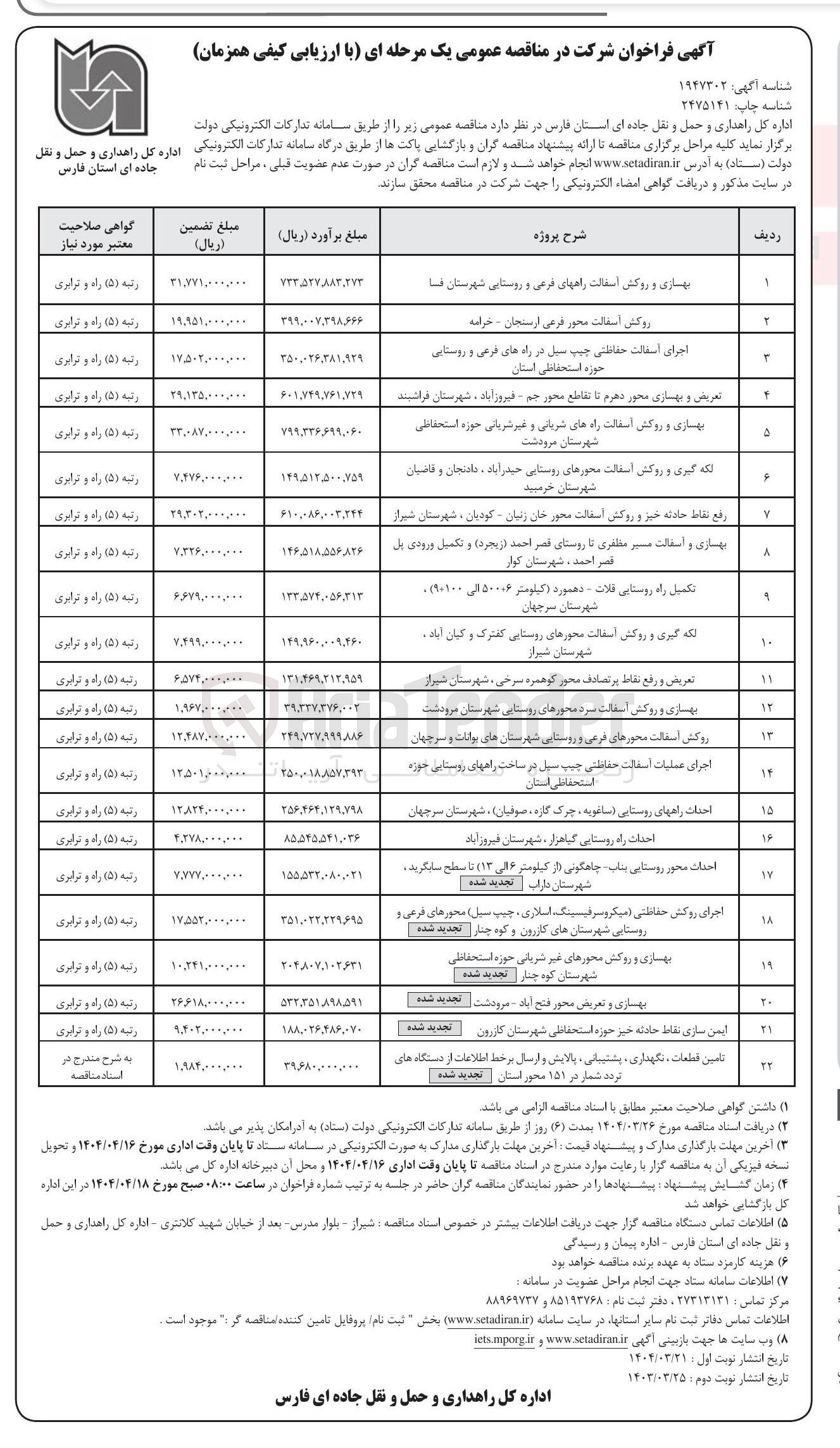 تصویر کوچک آگهی تامین قطعات ، نگهداری ، پشتیبانی ، پالایش و ارسال برخط اطلاعات از دستگاه های تردد شمار در ۱۵۱ محور استان 