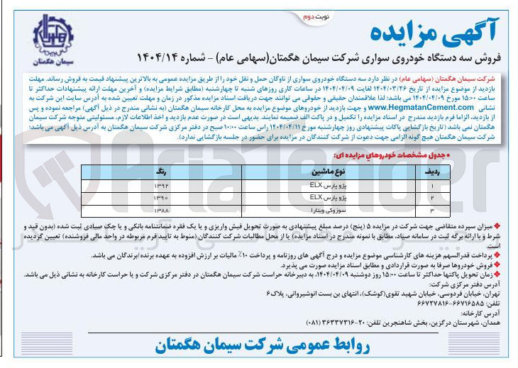تصویر کوچک آگهی فروش سه دستگاه خودروی سواری از ناوگان حمل و نقل (پژو پارس ELX و سوزوکی ویتارا)