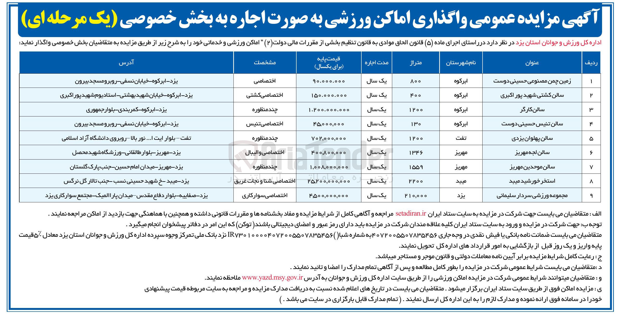 تصویر کوچک آگهی اجاره اماکن ورزشی و خدماتی در 9 ردیف