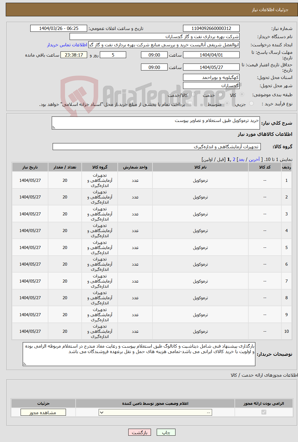 تصویر کوچک آگهی نیاز انتخاب تامین کننده-خرید ترموکوپل طبق استعلام و تصاویر پیوست 