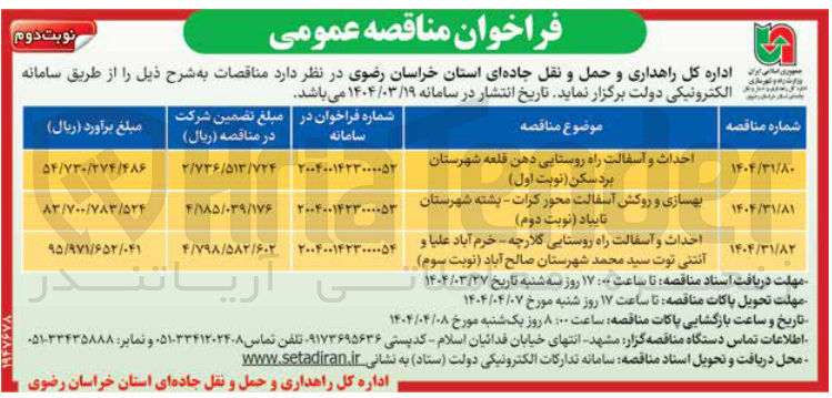 تصویر کوچک آگهی احداث و آسفالت راه روستایی دهن قلعه شهرستان بردسکن ( نوبت اول ) 
