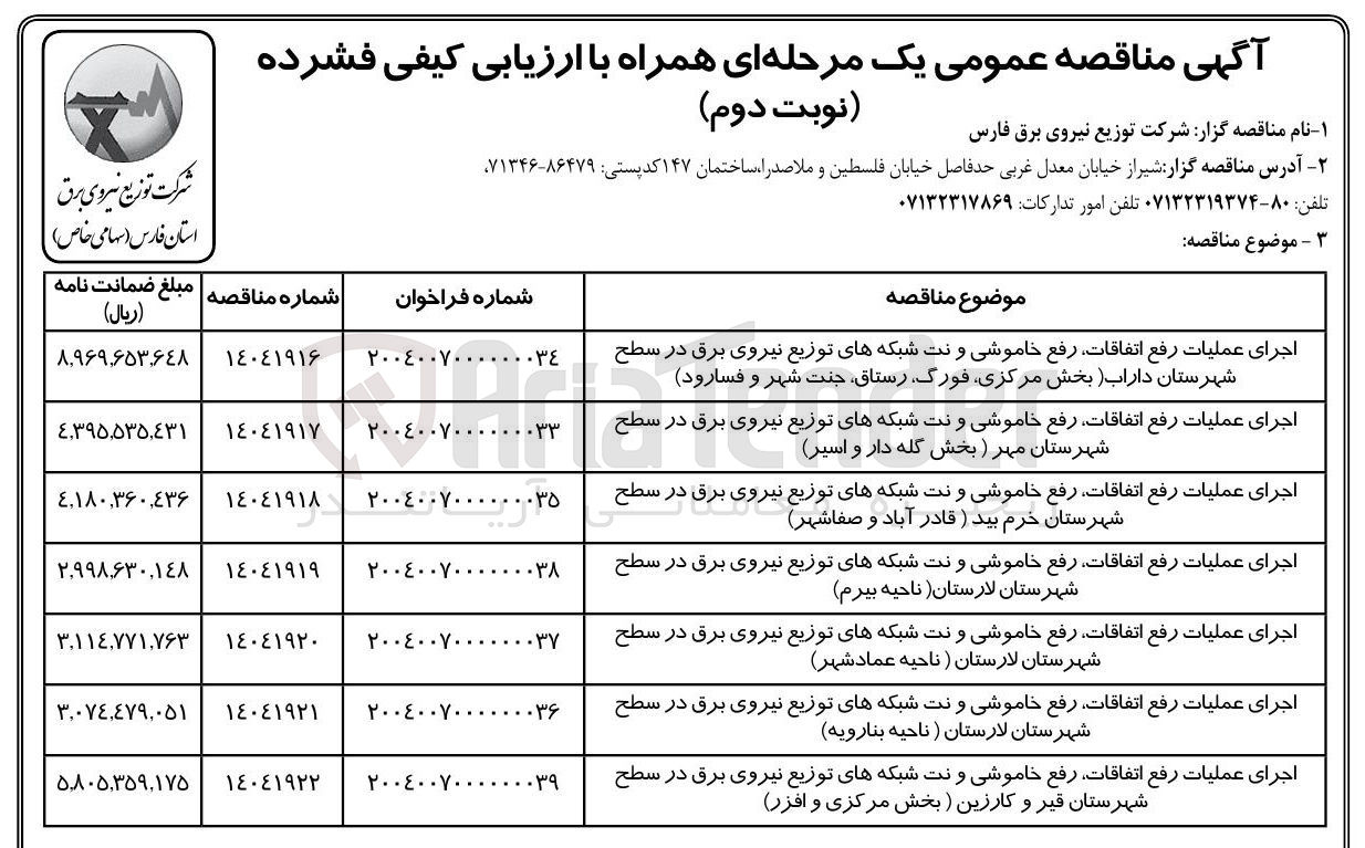 تصویر کوچک آگهی اجرای عملیات رفع اتفاقات رفع خاموشی و نت شبکه های توزیع نیروی برق