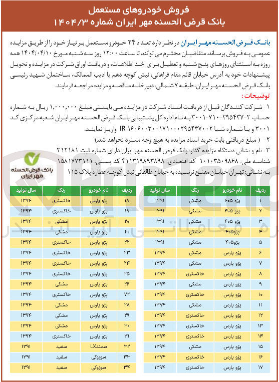 تصویر کوچک آگهی فروش تعداد ۳۴ خودرو مستعمل