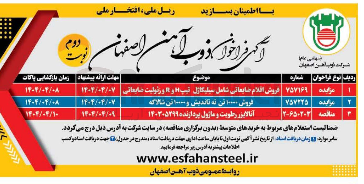 تصویر کوچک آگهی فروش ۱۰۰۰۰ تن ته تاندیش و ۱۰۰۰۰ تن شالاکه 
