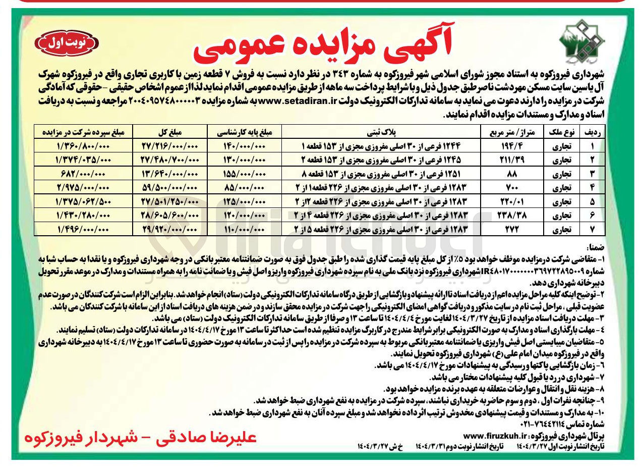 تصویر کوچک آگهی  فروش ۷ قطعه زمین با کاربری تجاری