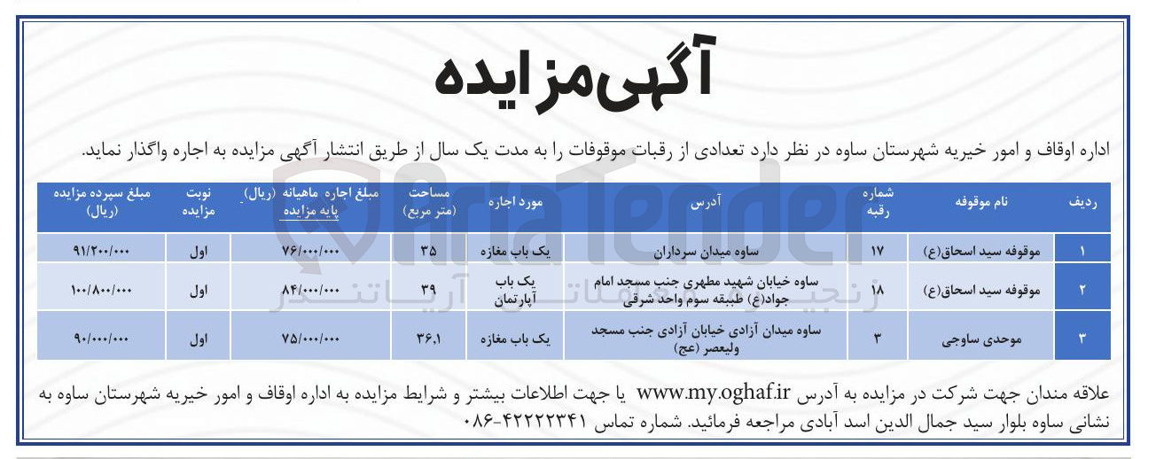 تصویر کوچک آگهی اجاره تعدادی از رقبات موقوفات در 3 ردیف با کاربری تجاری - مسکونی