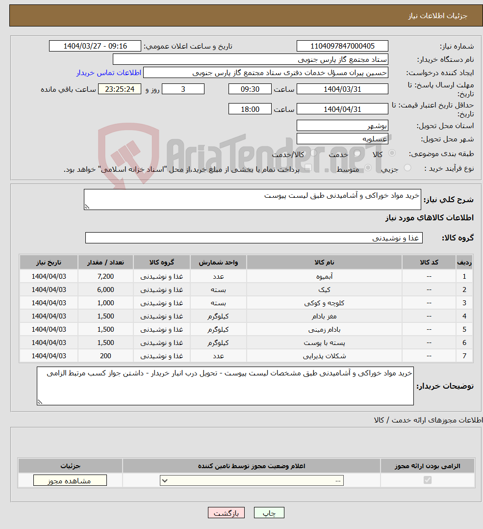 تصویر کوچک آگهی نیاز انتخاب تامین کننده-خرید مواد خوراکی و آشامیدنی طبق لیست پیوست