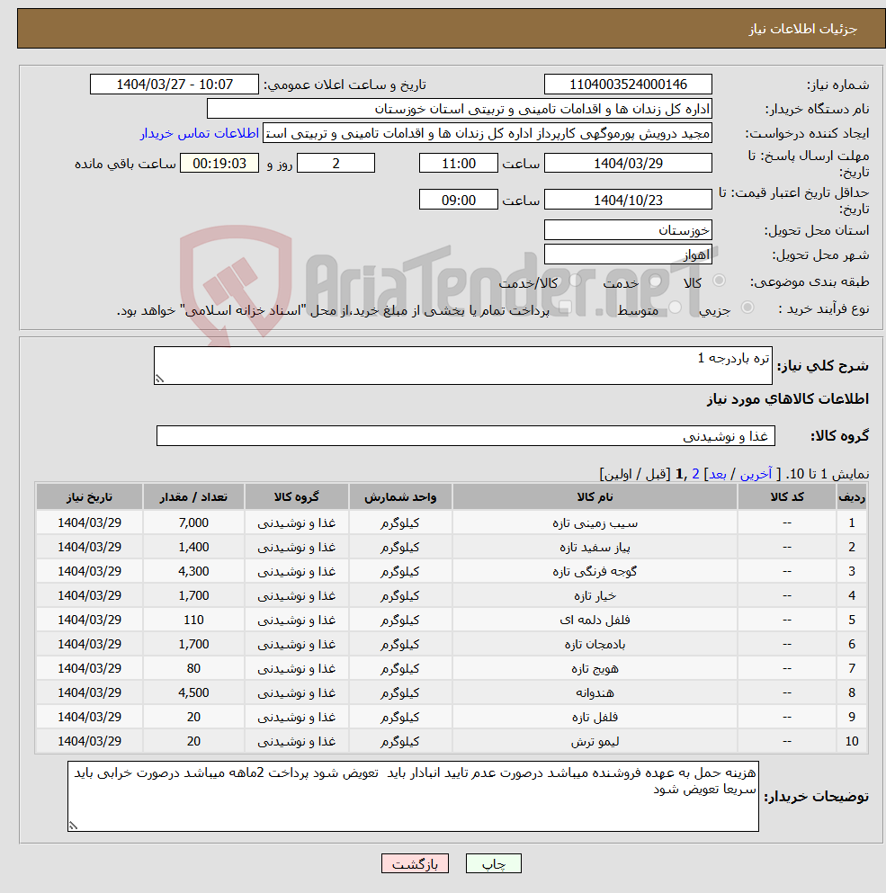 تصویر کوچک آگهی نیاز انتخاب تامین کننده-تره باردرجه 1
