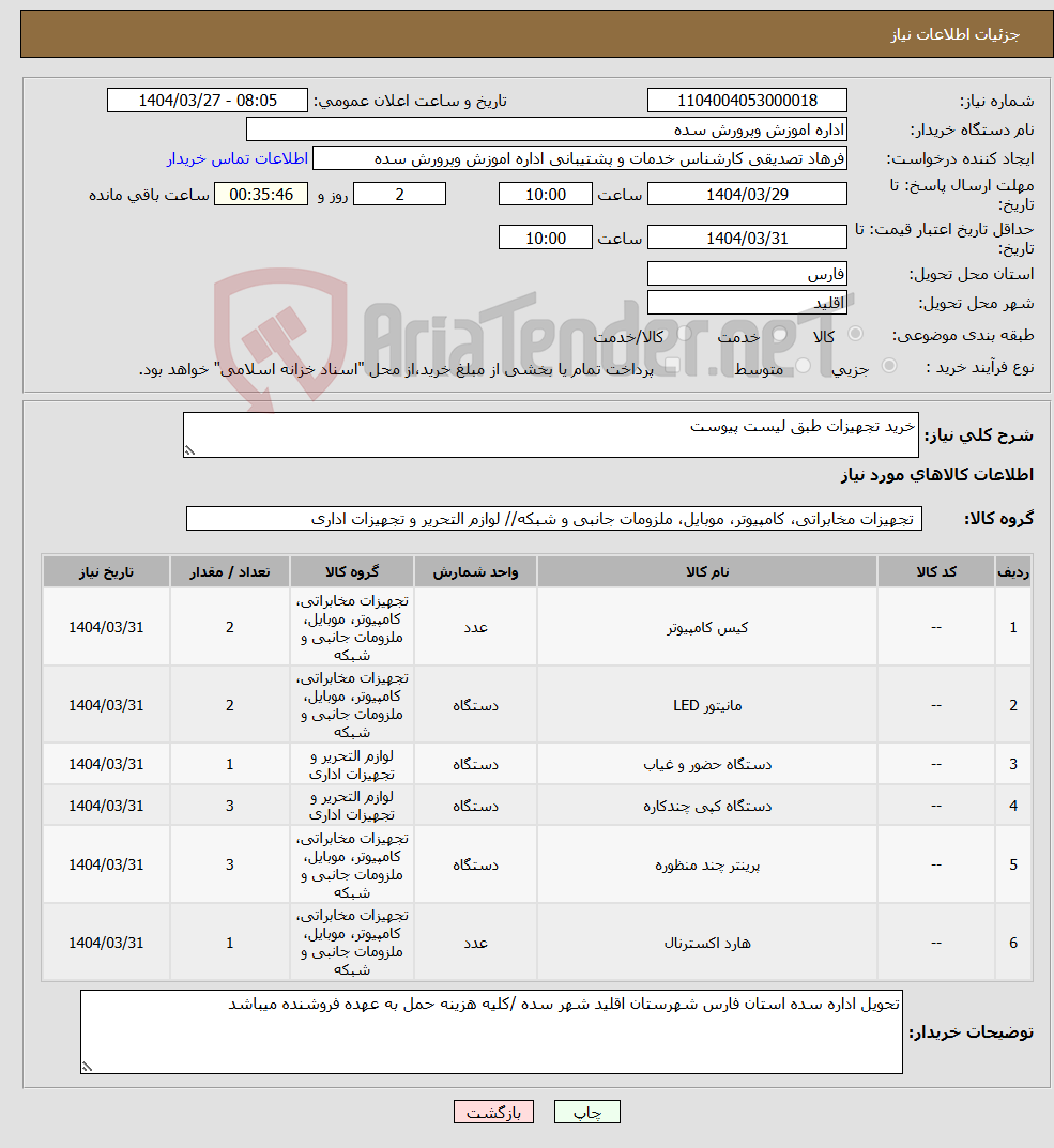 تصویر کوچک آگهی نیاز انتخاب تامین کننده-خرید تجهیزات طبق لیست پیوست