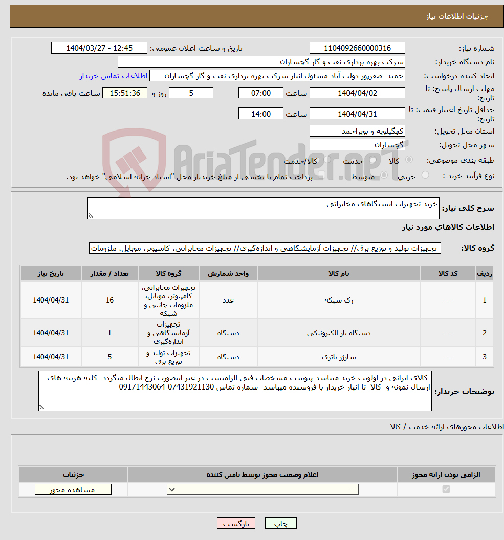 تصویر کوچک آگهی نیاز انتخاب تامین کننده-خرید تجهیزات ایستگاهای مخابراتی