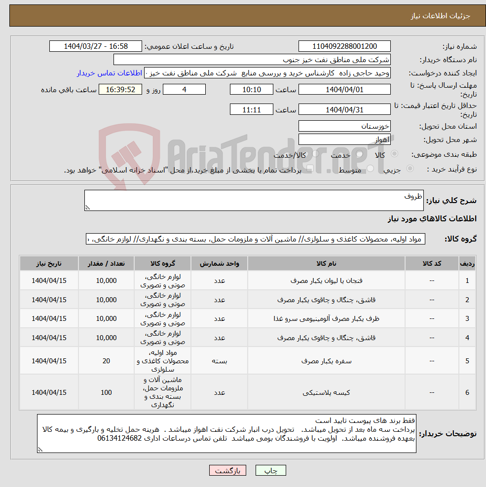 تصویر کوچک آگهی نیاز انتخاب تامین کننده-ظروف