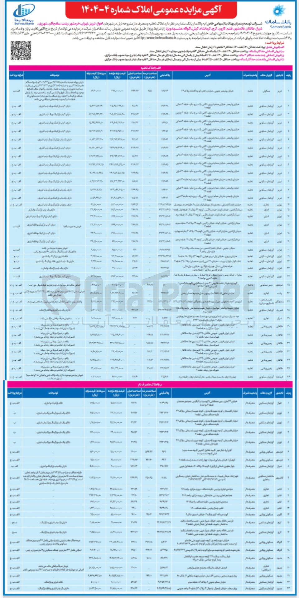 تصویر کوچک آگهی فروش املاک تخلیه (40 ردیف) و متصرف دار (23 ردیف) در شهرهای اهواز - تبریز - تهران - خرمشهر - رشت - سلفچگان - شهرری - شیراز - طالقان - قائمشهر - قشم - کارون - کرج - کرمانشاه - کیش - گلوگاه - مشهد و یزد و با کاربری مسکونی - اداری - تجاری 
