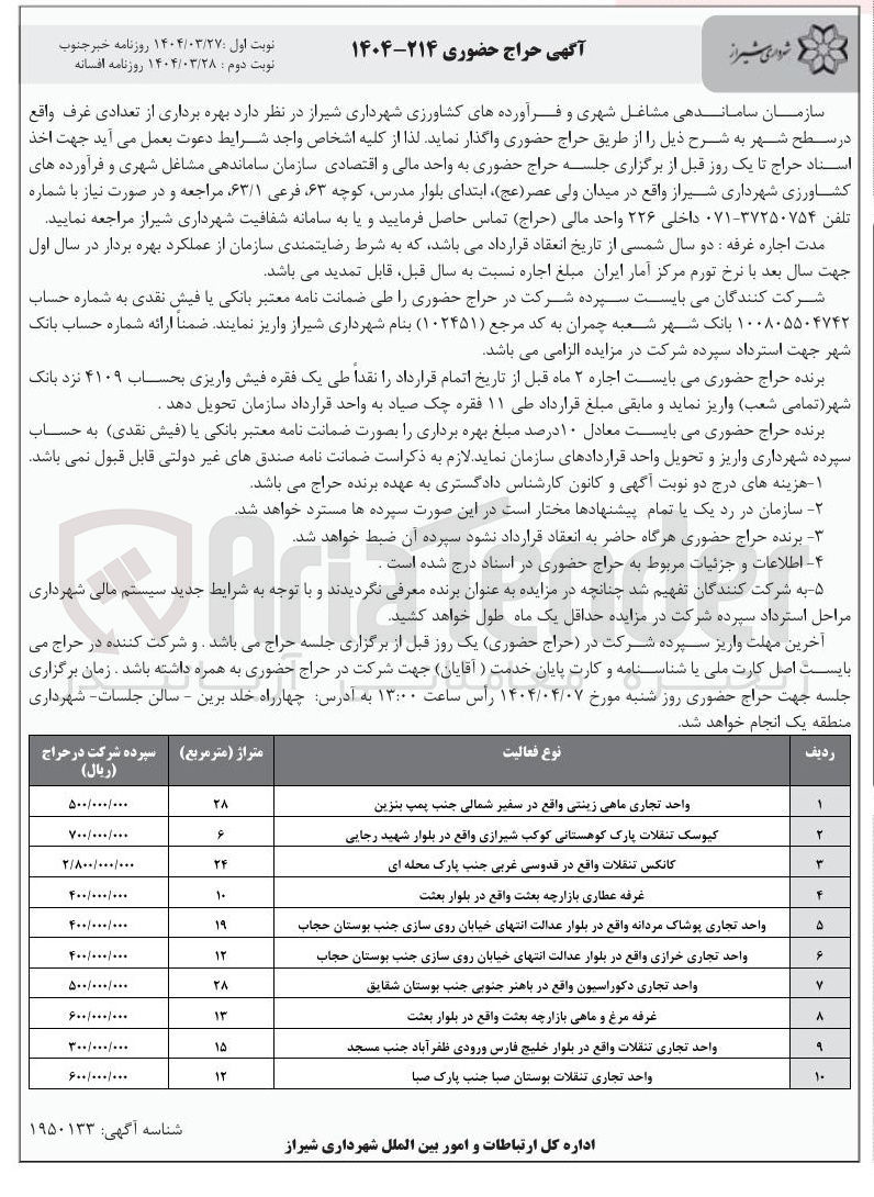 تصویر کوچک آگهی بهره برداری از غرف در 10 ردیف با کاربری تجاری