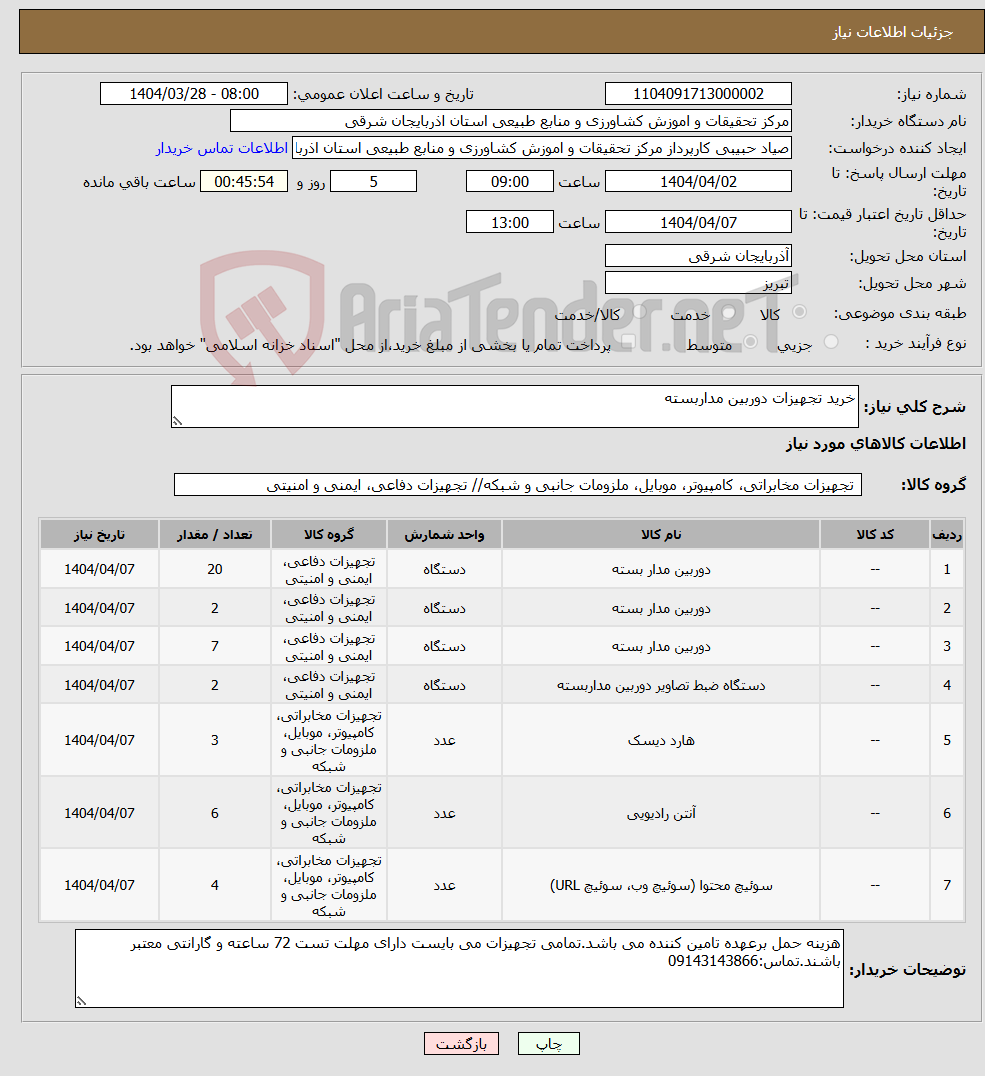 تصویر کوچک آگهی نیاز انتخاب تامین کننده-خرید تجهیزات دوربین مداربسته
