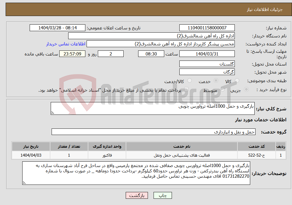 تصویر کوچک آگهی نیاز انتخاب تامین کننده-بارگیری و حمل 1000اصله ترواورس چوبی