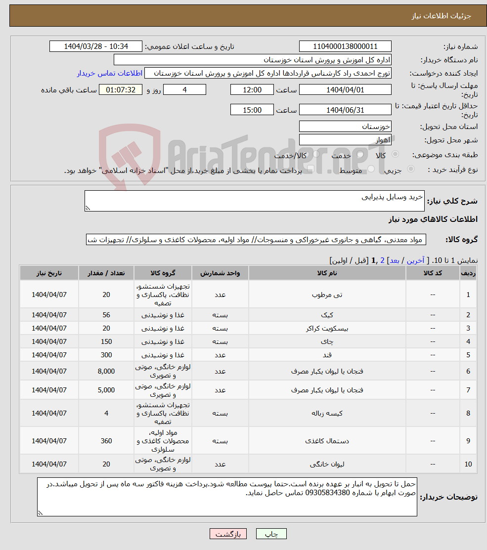 تصویر کوچک آگهی نیاز انتخاب تامین کننده-خرید وسایل پذیرایی 
