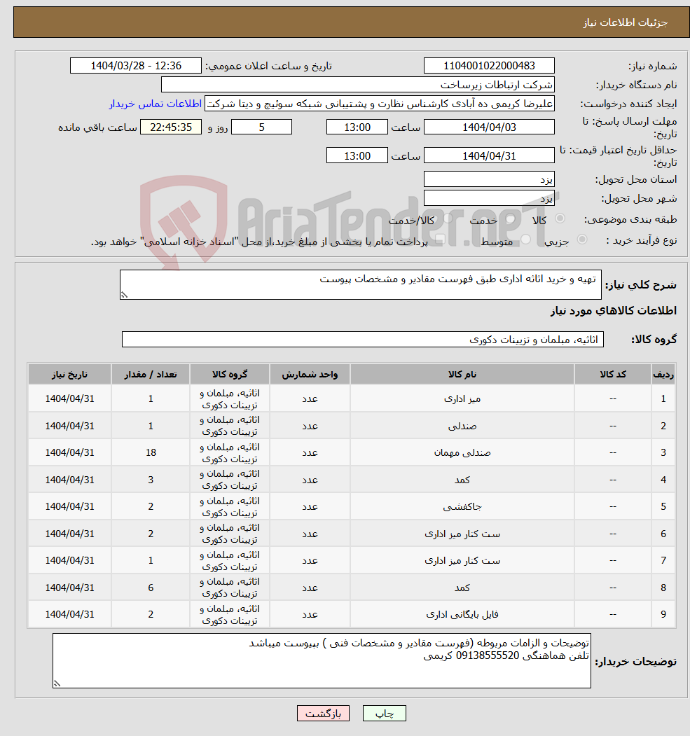 تصویر کوچک آگهی نیاز انتخاب تامین کننده- تهیه و خرید اثاثه اداری طبق فهرست مقادیر و مشخصات پیوست