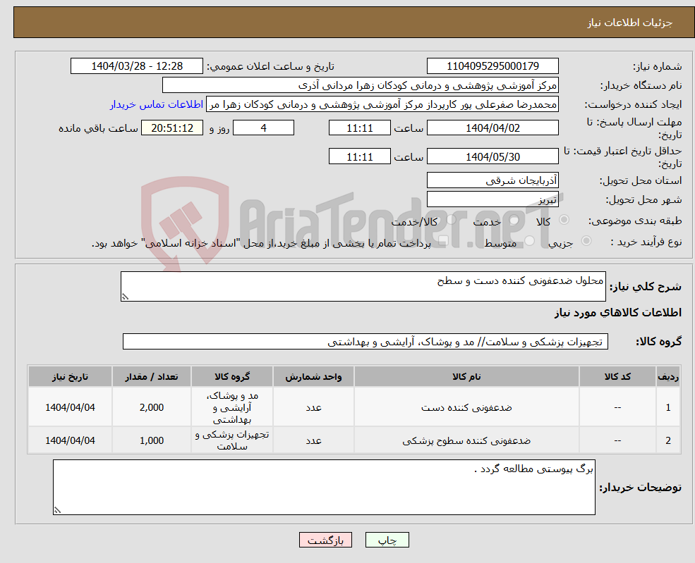 تصویر کوچک آگهی نیاز انتخاب تامین کننده-محلول ضدعفونی کننده دست و سطح