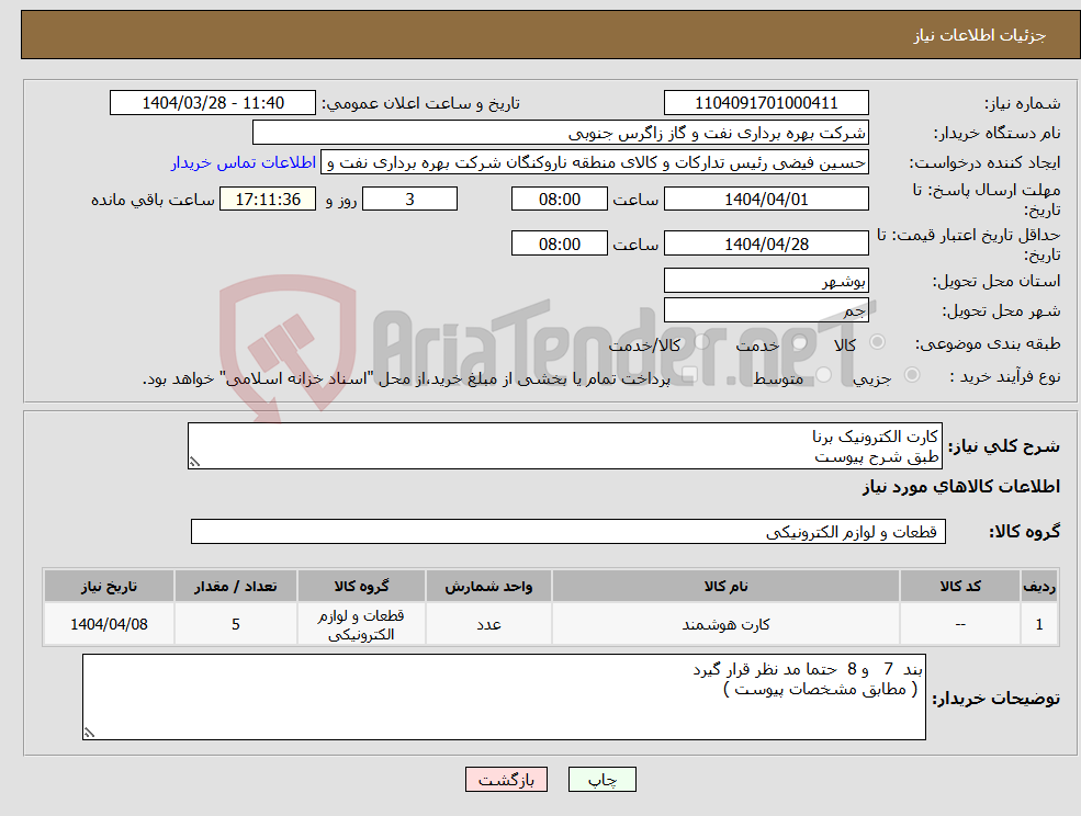 تصویر کوچک آگهی نیاز انتخاب تامین کننده-کارت الکترونیک برنا طبق شرح پیوست 