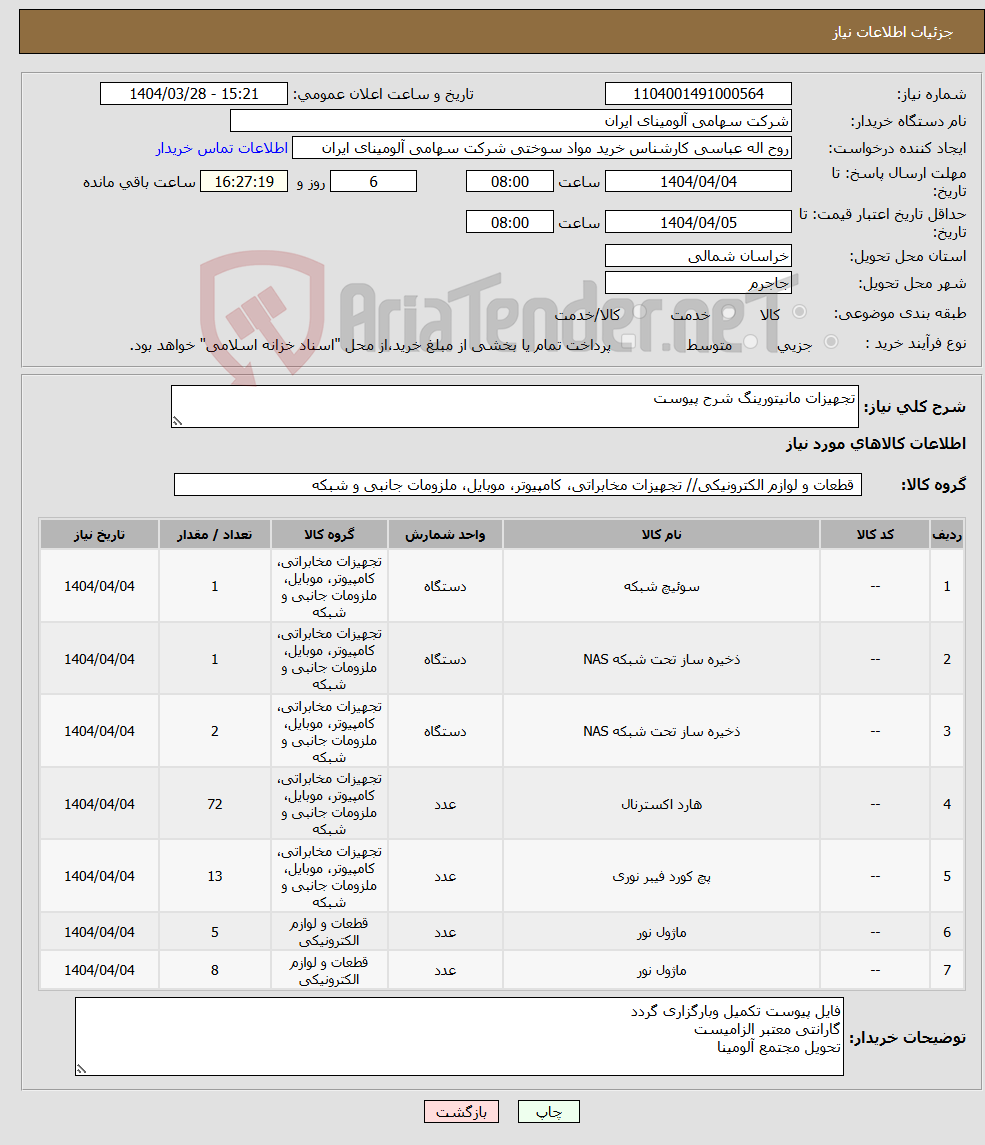 تصویر کوچک آگهی نیاز انتخاب تامین کننده-تجهیزات مانیتورینگ شرح پیوست 