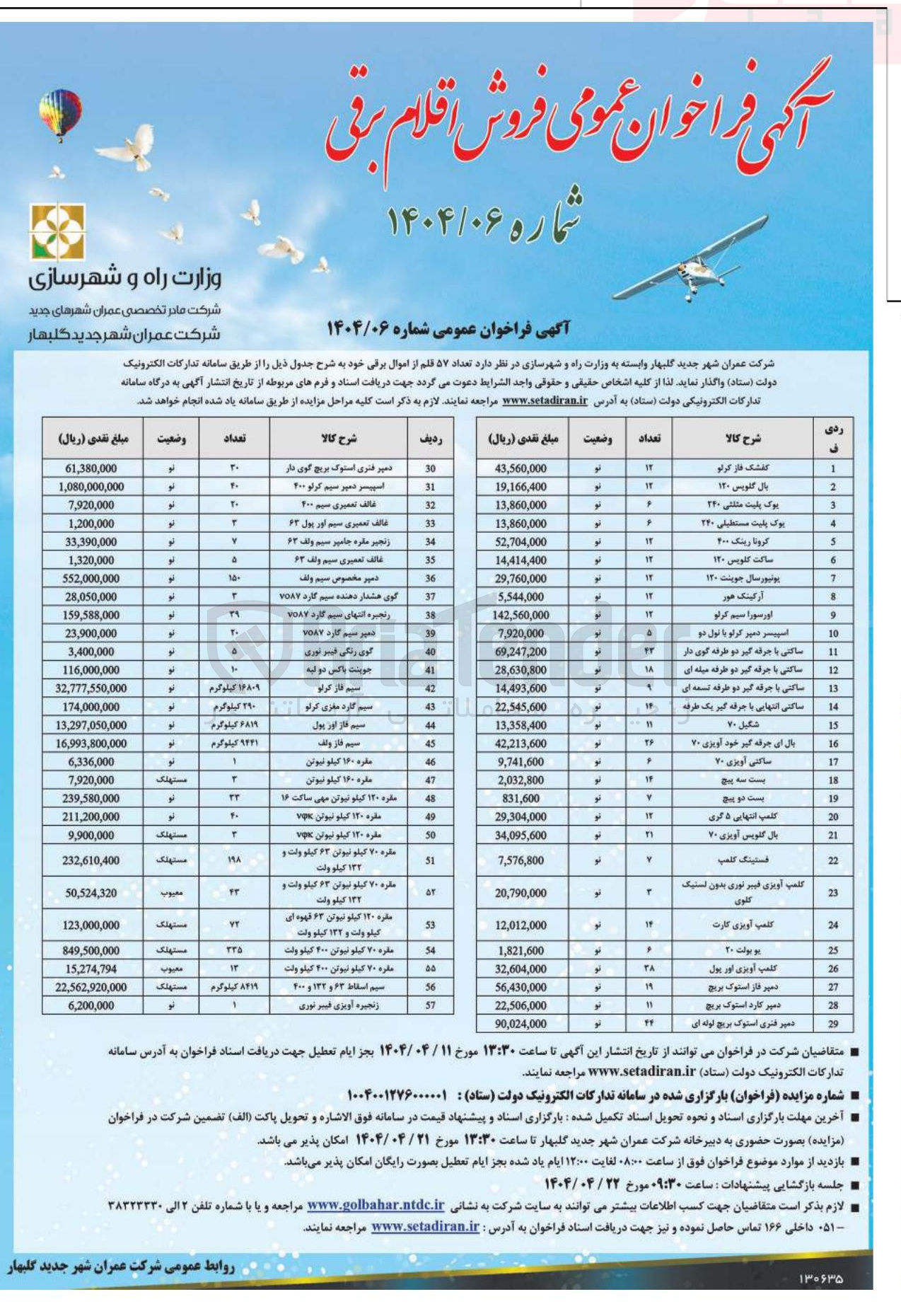 تصویر کوچک آگهی فروش تعداد 57 قلم از اموال برقی شامل : کفشک فاز کرلو - آرکینگ هور - شگیل 70 - بست سه پیچ - بست دو پیچ - سیم فاز کرلو - سیم فاز ولف و...