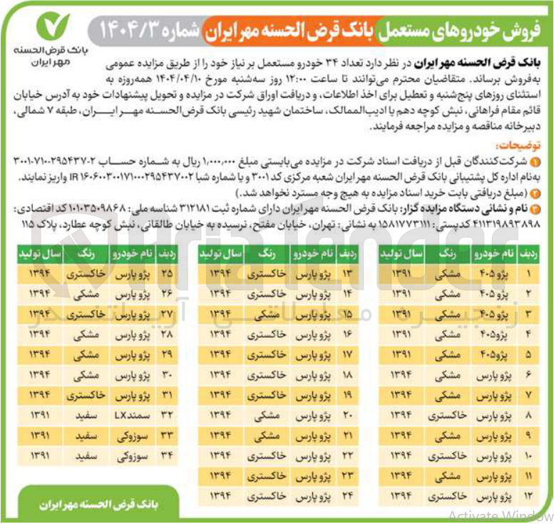 تصویر کوچک آگهی فروش تعداد 34 خودرو مستعمل (پژو 405 - پژو پارس - سمند - سوزوکی و...)