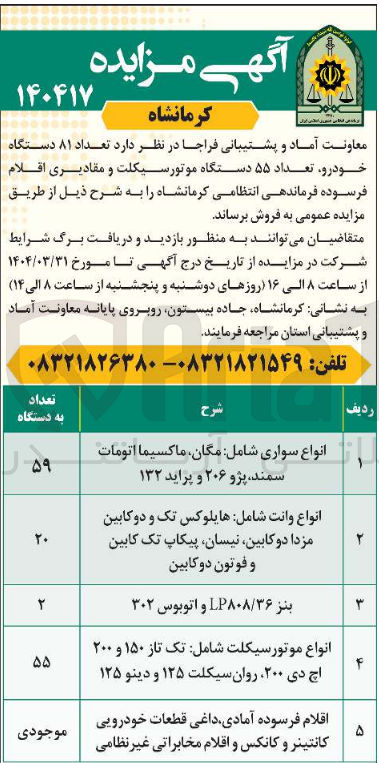 تصویر کوچک آگهی فروش تعداد 81 دستگاه خودرو، تعداد 55 دستگاه موتورسیکلت و مقادیری اقلام فرسوده