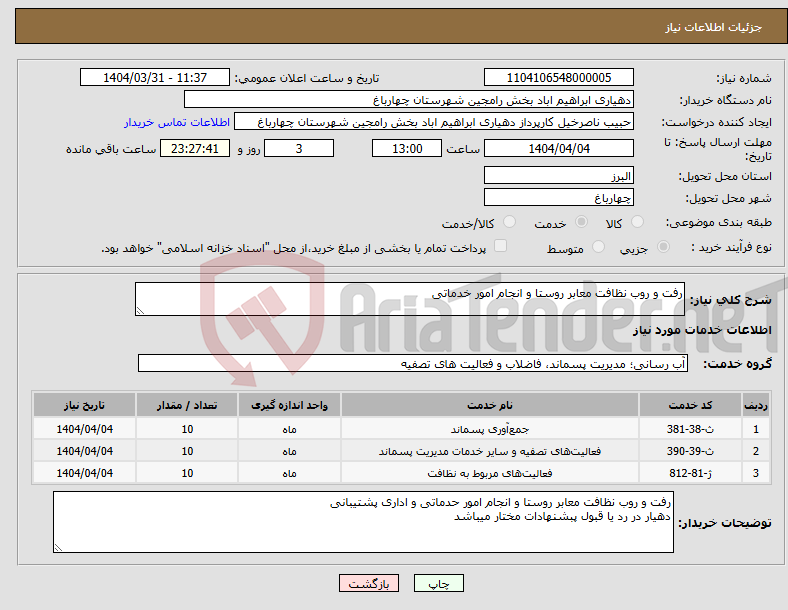 تصویر کوچک آگهی نیاز انتخاب تامین کننده-رفت و روب نظافت معابر روستا و انجام امور خدماتی 