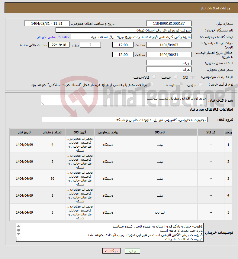 تصویر کوچک آگهی نیاز انتخاب تامین کننده-خرید لوازم آی تی مطابق لیست پیوست