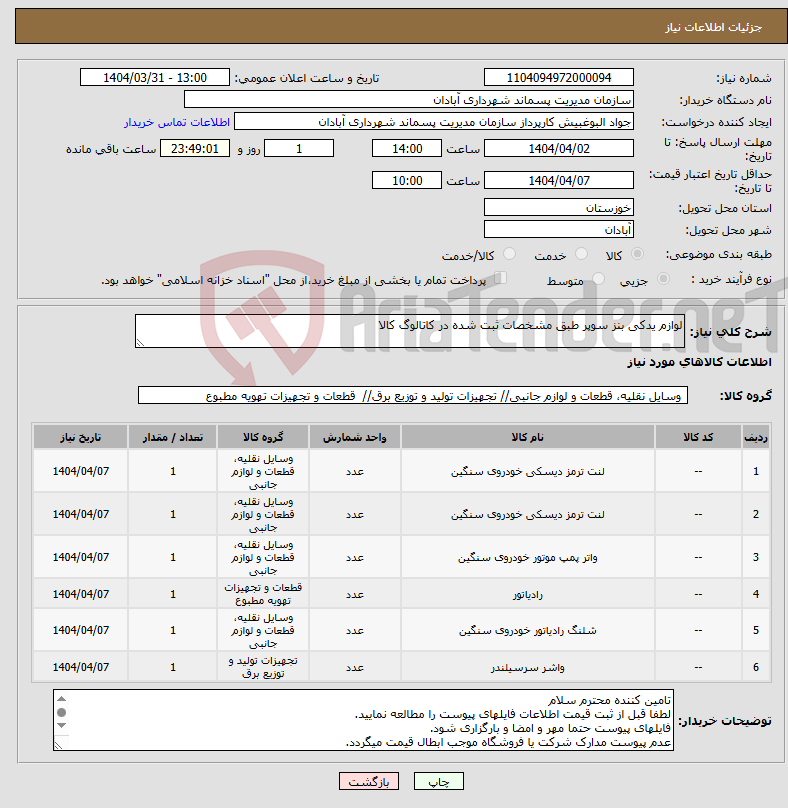 تصویر کوچک آگهی نیاز انتخاب تامین کننده-لوازم یدکی بنز سوپر طبق مشخصات ثبت شده در کاتالوگ کالا