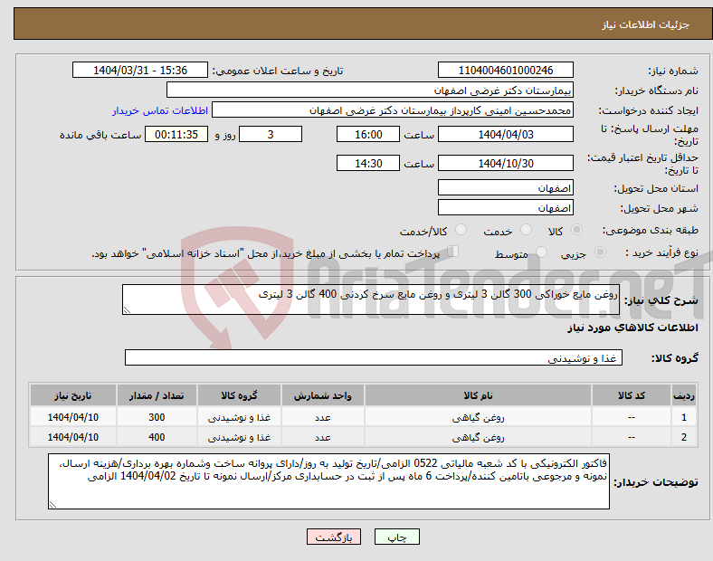 تصویر کوچک آگهی نیاز انتخاب تامین کننده-روغن مایع خوراکی 300 گالن 3 لیتری و روغن مایع سرخ کردنی 400 گالن 3 لیتری