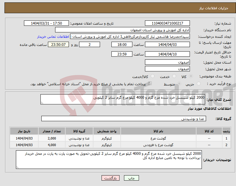 تصویر کوچک آگهی نیاز انتخاب تامین کننده-2000 کیلو شینسل خرد شده مرغ گرم و 4000 کیلو مرغ گرم سایز 2 کیلویی