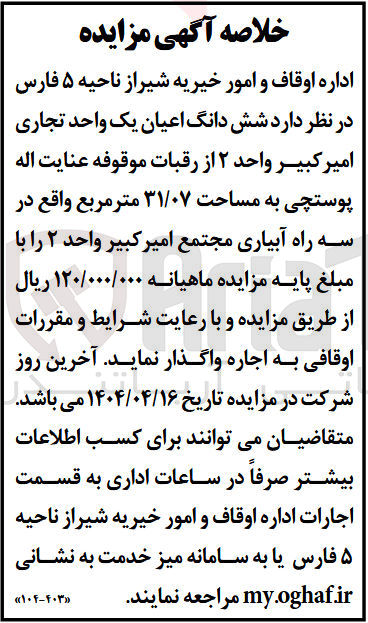 تصویر کوچک آگهی اجاره شش دانگ اعیان یک واحد تجاری امیر کبیر واحد ۲ از رقبات موقوفه عنایت اله پوستچی به مساحت ۳۱/۰۷ مترمربع