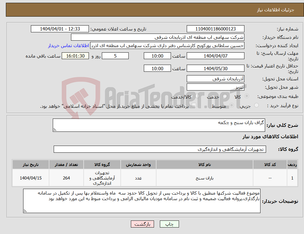 تصویر کوچک آگهی نیاز انتخاب تامین کننده-گراف باران سنج و چکمه 