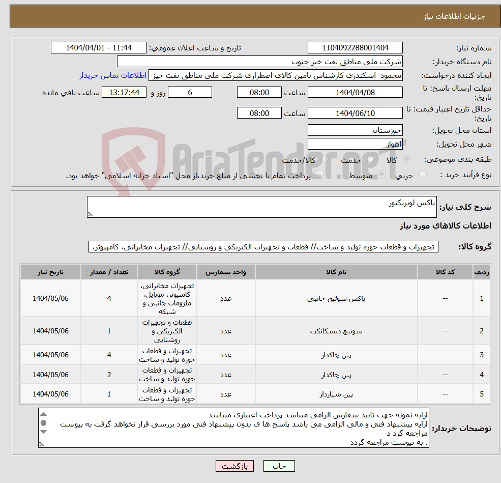 تصویر کوچک آگهی نیاز انتخاب تامین کننده-باکس لوبریکتور