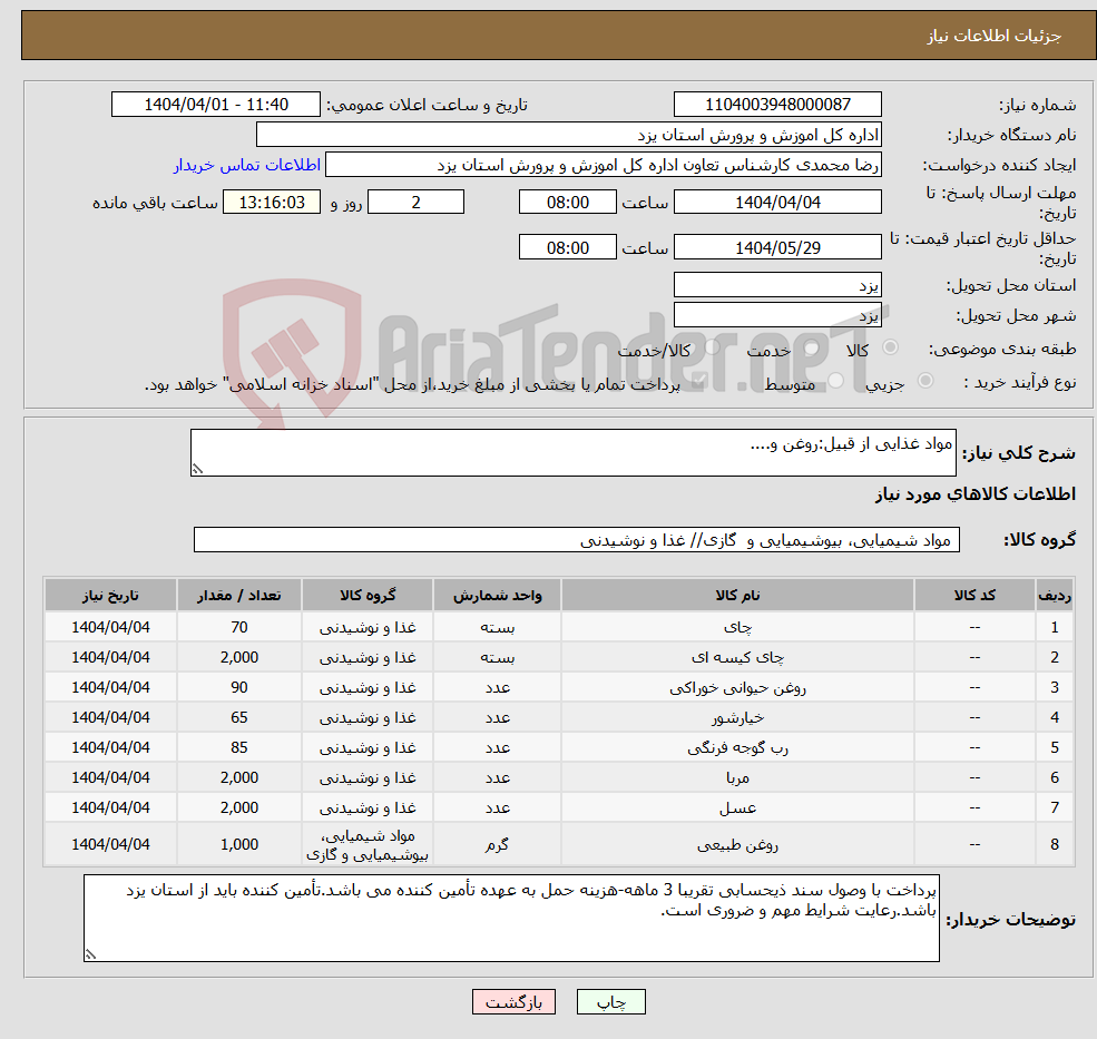 تصویر کوچک آگهی نیاز انتخاب تامین کننده-مواد غذایی از قبیل:روغن و....