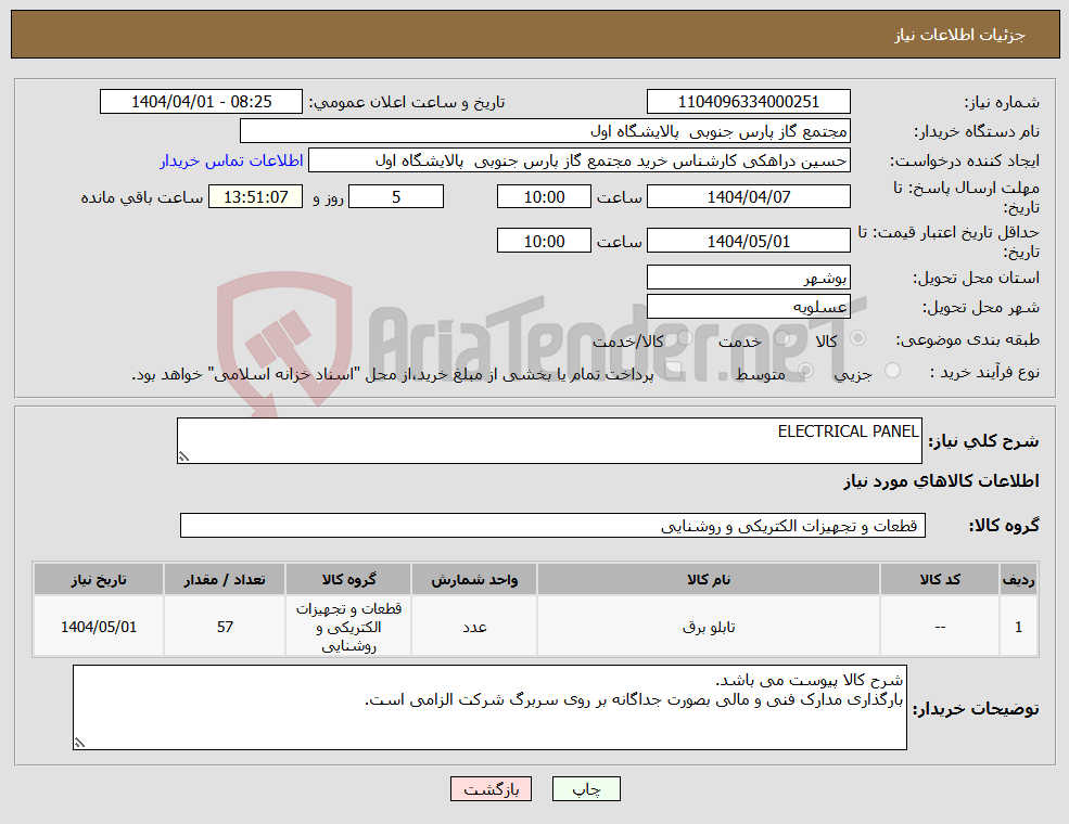 تصویر کوچک آگهی نیاز انتخاب تامین کننده-ELECTRICAL PANEL
